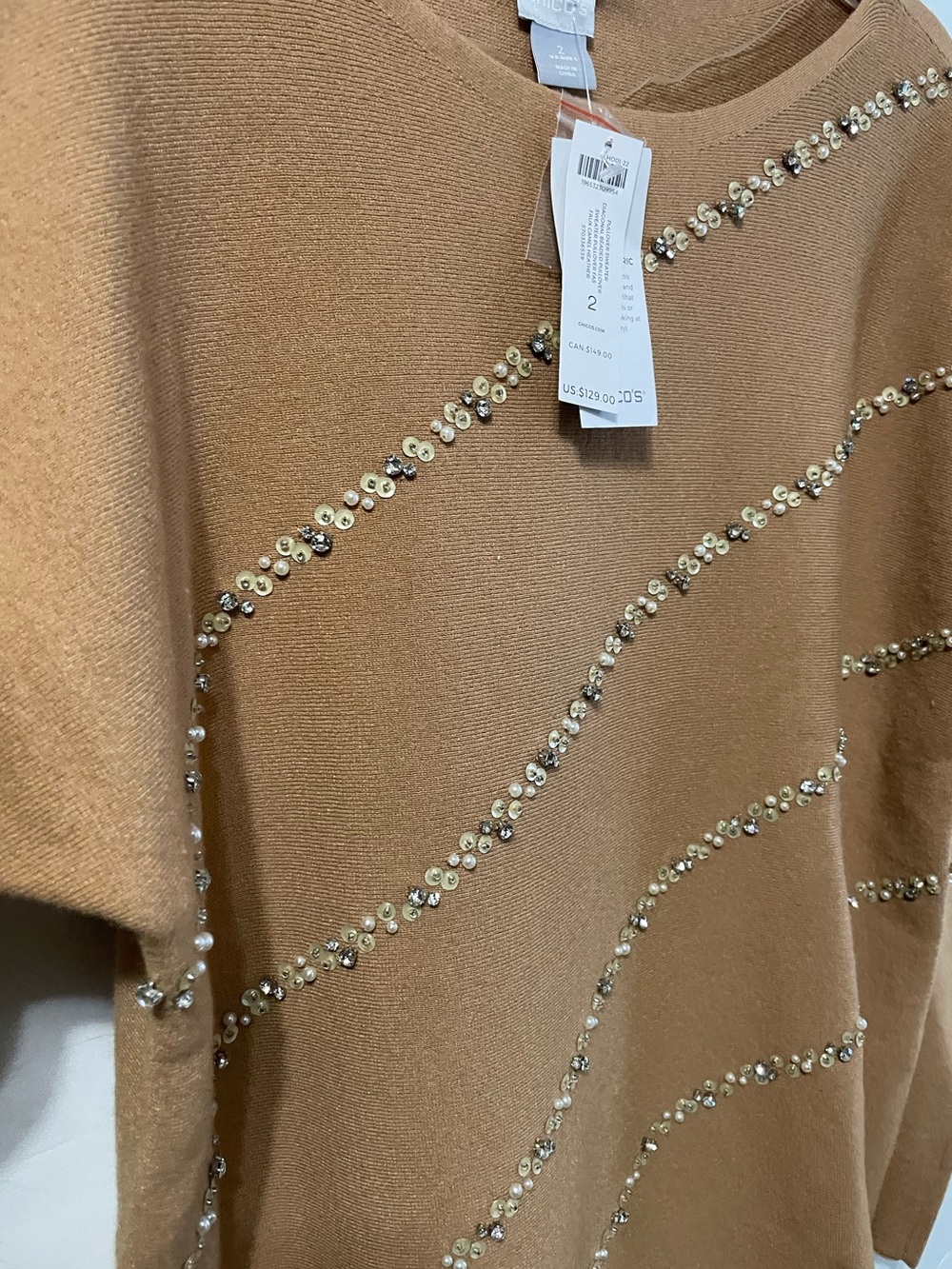 Chico's Beige Diagonal Beaded Embellished Soft Pullover Sweater Top Sz 2/L - Picture 10 of 16